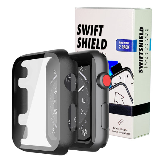 Apple Watch 38mm Case with Glass Screen Protector by SwiftShield (2 Pack - Black + Clear)