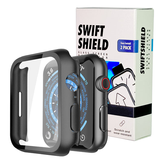 Apple Watch 45mm Case with Glass Screen Protector by SwiftShield (2 Pack - Black + Clear)